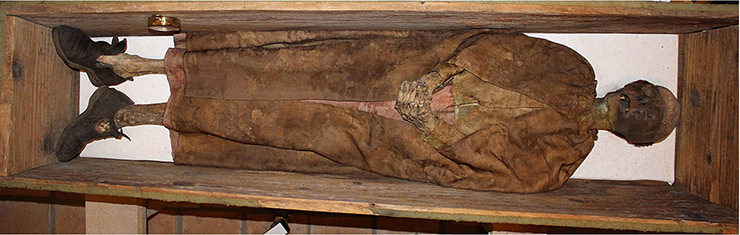 Leuk Mummy photo taken in 2017 by the scientist Amelie Alterauge, for the purpose of research "The Woman from Leuk (Switzerland)—Discovery, Conservation, and Interdisciplinary Investigations of a Seventeenth-Century Mummy".