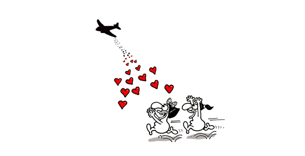 Love Aid cartoon by Artistan, Depositphotos, showing two female characters running for the plane that drops hearts; mile high club concept.