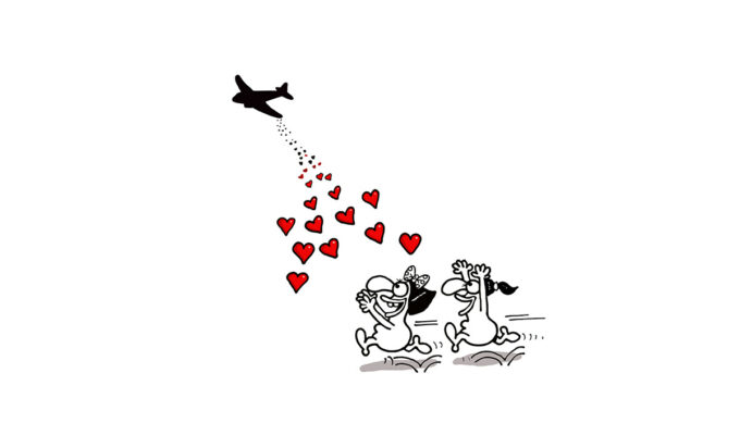 Love Aid cartoon by Artistan, Depositphotos, showing two female characters running for the plane that drops hearts; mile high club concept.