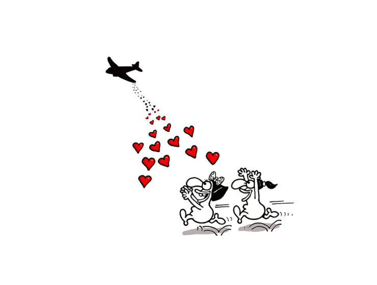Love Aid cartoon by Artistan, Depositphotos, showing two female characters running for the plane that drops hearts; mile high club concept.