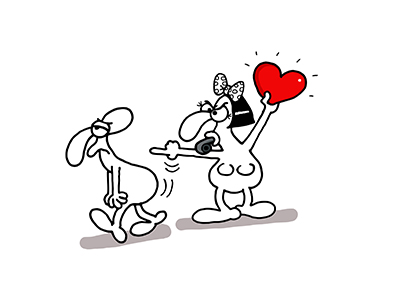 "Love Card" cartoon by Artistan, Depositphotos, showing female character with a whistle presenting heart-shaped red card to a male character.