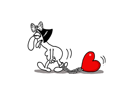 "Victim of Love" cartoon by Artistan, Depositphotos, showing female character dragging herself, while pulling a red heart chained to her foot.