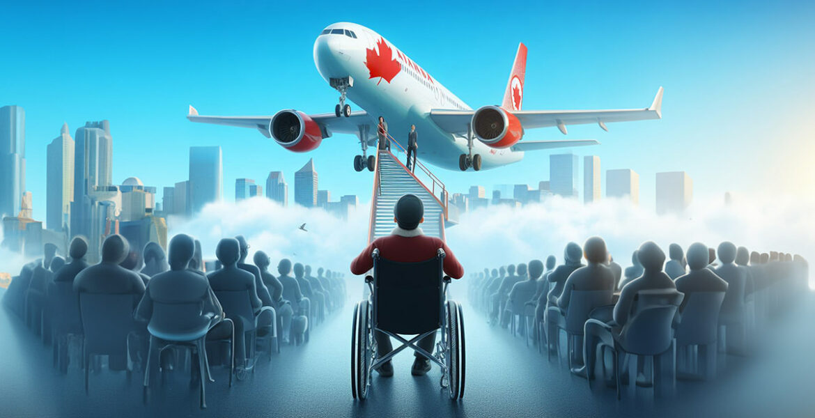 AI illustration of a man in a wheelchair surrounded by other people in chairs looking at Air Canada plane lifting off with a city skyline in the background; concept of Air Canada's treatment of disabled passengers by Ivan Kralj, made via DALL-E and Adobe.