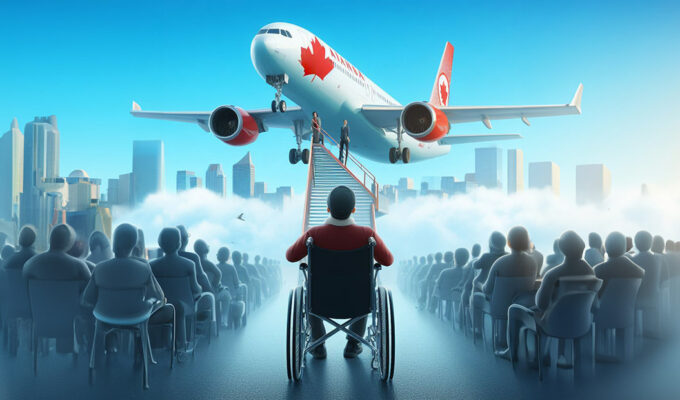 AI illustration of a man in a wheelchair surrounded by other people in chairs looking at Air Canada plane lifting off with a city skyline in the background; concept of Air Canada's treatment of disabled passengers by Ivan Kralj, made via DALL-E and Adobe.