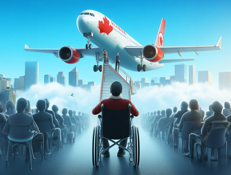 AI illustration of a man in a wheelchair surrounded by other people in chairs looking at Air Canada plane lifting off with a city skyline in the background; concept of Air Canada's treatment of disabled passengers by Ivan Kralj, made via DALL-E and Adobe.
