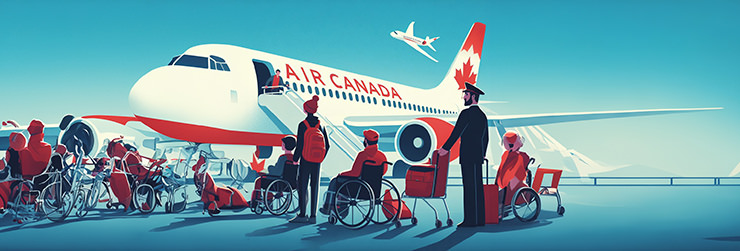 AI illustration of disabled passengers and their assistants queuing in front of Air Canada plane; image by Ivan Kralj, via DALL-E and Adobe.