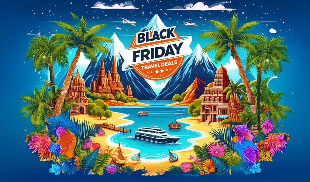 Travel-inspired visual for Black Friday travel deals showing exotic landscapes and means of transport; AI image with Dall-e / Adobe by Ivan Kralj.
