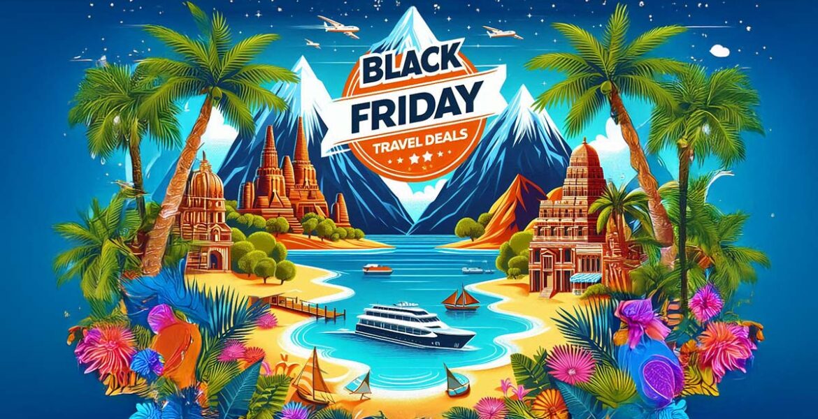 Travel-inspired visual for Black Friday travel deals showing exotic landscapes and means of transport; AI image with Dall-e / Adobe by Ivan Kralj.