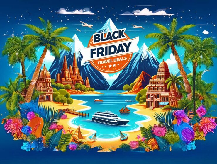 Travel-inspired visual for Black Friday travel deals showing exotic landscapes and means of transport; AI image with Dall-e / Adobe by Ivan Kralj.