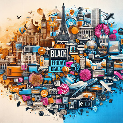 A collage concept of various worlds attraction and travel symbols, representing the concept of the Black Friday travel deals; image created by Bing Image Creator, powered by Dall-E 3.