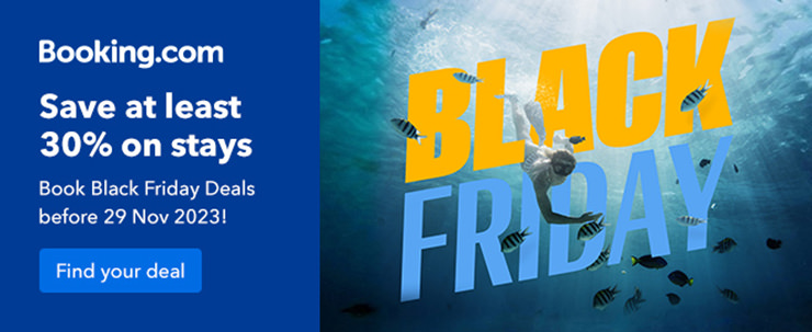 Booking.com Black Friday travel deals banner promoting savings of at least 30% on stays.