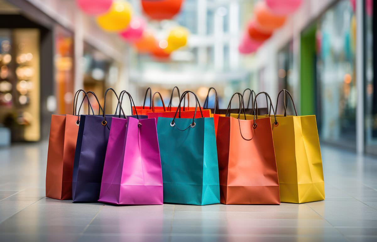 Bright shopping bags in different colors, on the floor of the out-of-focus shopping mall, Black Friday concept; photo by Nuraghies, Freepik.