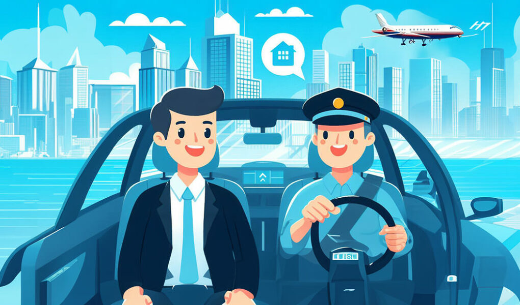 Illustration of airport transfer service concept showing a passenger and a driver in a car with the cityline and plane in the background; image by Ivan Kralj, via Dall-E and Adobe.