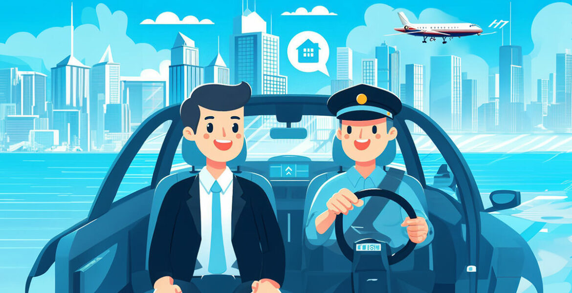 Illustration of airport transfer service concept showing a passenger and a driver in a car with the cityline and plane in the background; image by Ivan Kralj, via Dall-E and Adobe.