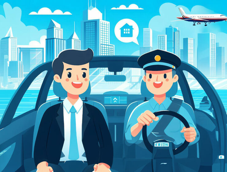 Illustration of airport transfer service concept showing a passenger and a driver in a car with the cityline and plane in the background; image by Ivan Kralj, via Dall-E and Adobe.
