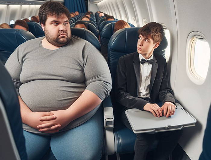 A young boy sitting next to a large passenger on plane; AI image by Ivan Kralj, Dall-E.