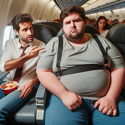 A plane passenger complaining over his overweight in-flight neighbor for spilling into his seat space; AI image by Ivan Kralj, Dall-E.