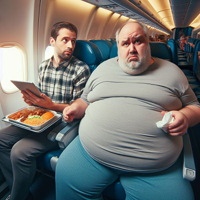 A plus-size passenger sitting next to an average-size passenger who was served an in-flight meal; AI image by Ivan Kralj, Dall-E.