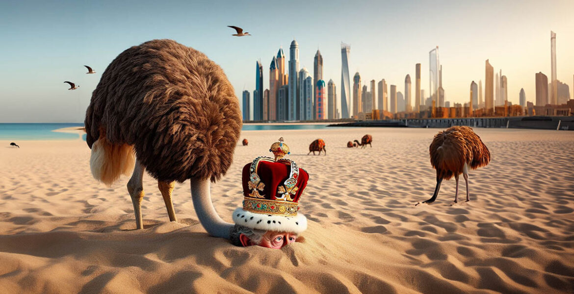 King Charles presented as an ostrich burying his head in Dubai sand at COP28 climate summit, where numerous delegates arrived in private jet planes; AI image by Ivan Kralj, with DALL-E and Adobe.