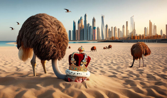 King Charles presented as an ostrich burying his head in Dubai sand at COP28 climate summit, where numerous delegates arrived in private jet planes; AI image by Ivan Kralj, with DALL-E and Adobe.