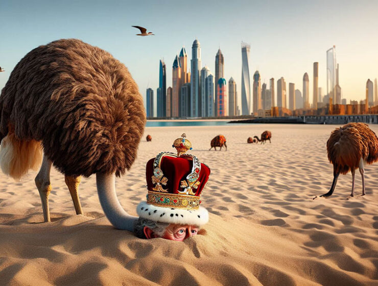 King Charles presented as an ostrich burying his head in Dubai sand at COP28 climate summit, where numerous delegates arrived in private jet planes; AI image by Ivan Kralj, with DALL-E and Adobe.