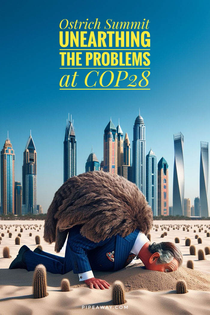Is COP28 climate conference in Dubai - an ostrich summit? Political heads gathered in UAE to attend the event presided by a fossil fuel giant, and many delegates, such as King Charles, even arrived in private jet planes, the greatest air polluters. Will burying the head in the sand really unearth the problems of the climate change and save the planet?