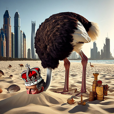 An ostrich with the head of King Charles, burying it in the sand with Dubai skyline in the background - satirical representation of COP28 summit where numerous political leaders arrived in private jet planes; AI image by Ivan Kralj, Dall-E/Adobe.
