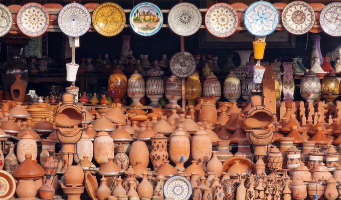 Handicraft displayed on a market in Marrakesh, Morocco, one of the best places to travel in 2024; photo by A D, Unsplash.