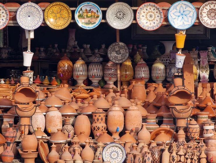 Handicraft displayed on a market in Marrakesh, Morocco, one of the best places to travel in 2024; photo by A D, Unsplash.