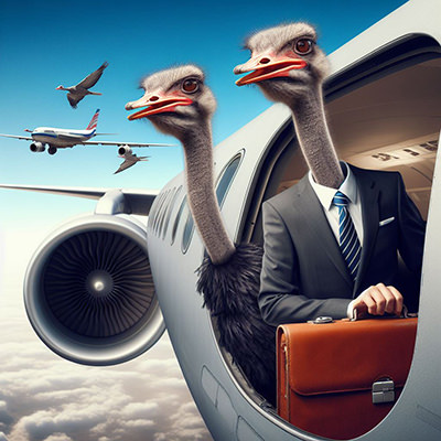 Ostrich businessmen flying in a plane and looking out of the window, with other plane and birds in the background - illustration of COP28 climate gathering where many delegates arrived in private jet planes; AI image by Ivan Kralj / Dall-E.