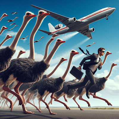 Ostriches and a businessman on a runway with a plane flying above - a visual commentary on COP28 climate summit in Dubai, where many politicians arrived by private jet planes, the biggest polluters; AI image by Ivan Kralj, Dall-E. 