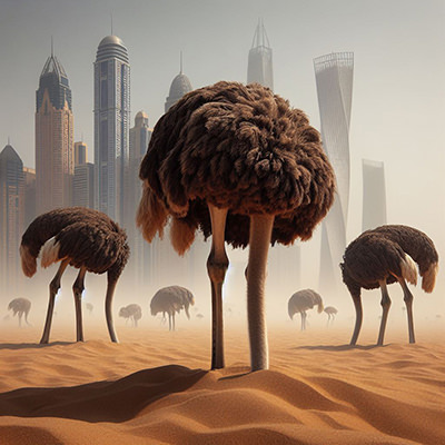 Ostriches burying their heads in the sand, with Dubai skyline in the background - a satirical reinterpretation of COP28 climate conference presided by Abu Dhabi's oil giant; AI image by Ivan Kralj / Dall-E.