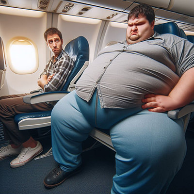Thinner passenger on a plane looking at an obese passenger across the aisle; AI image by Ivan Kralj, Dall-E.