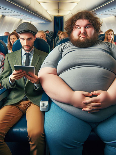 A plus size passenger encroaching into a personal space of a fellow seatmate on a plane; AI image by Ivan Kralj, Dall-E.