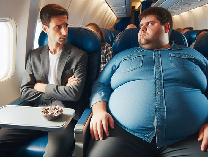 A plane passenger sitting by a passenger of size; AI image by Ivan Kralj, Dall-E.