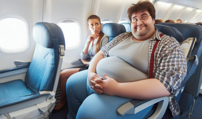 A concerned woman sitting next to a smiling fat passenger on a plane who limits her personal space; AI image by Ivan Kralj, Dall-E.