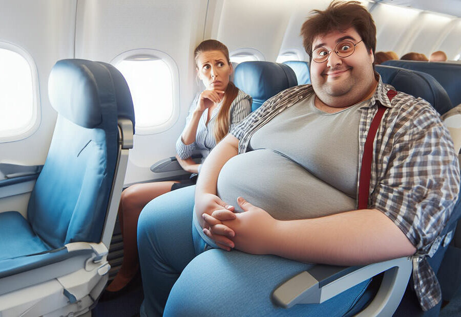 A concerned woman sitting next to a smiling fat passenger on a plane who limits her personal space; AI image by Ivan Kralj, Dall-E.