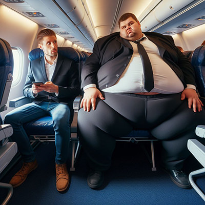 A morbidly obese passenger sitting next to an average passenger on a plane; AI image by Ivan Kralj, Dall-E.
