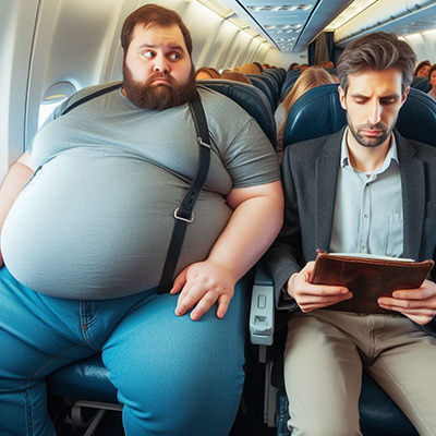 A man reading while seated next to an obese passenger on a plane; photo by Ivan Kralj, Dall-E.