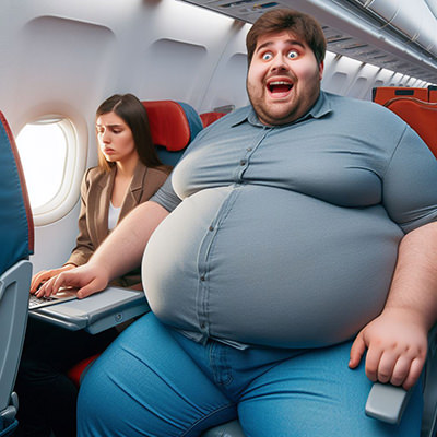 A plus-size passenger invading into a space of a fellow female seatmate working on her laptop; AI image by Ivan Kralj, Dall-E.
