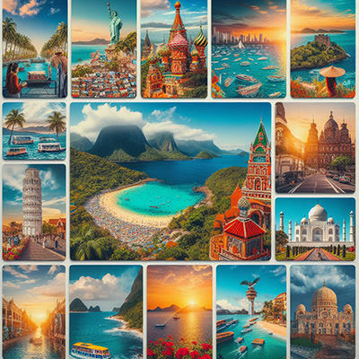 The best travel destinations in 2024, an AI collage of postcards created by DALL-E.