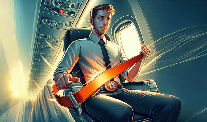 Cartoon like image of a passenger applying an airplane seat belt, safety device against turbulences and accidents; AI image by Ivan Kralj / Dall-e.