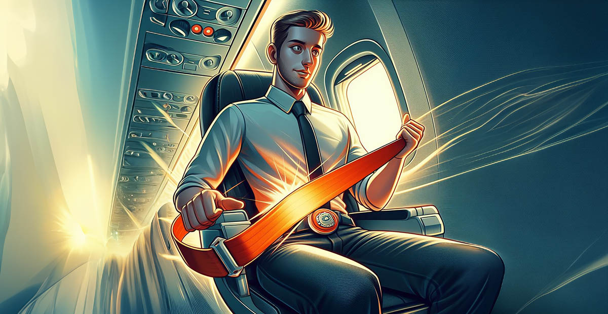 Cartoon like image of a passenger applying an airplane seat belt, safety device against turbulences and accidents; AI image by Ivan Kralj / Dall-e.