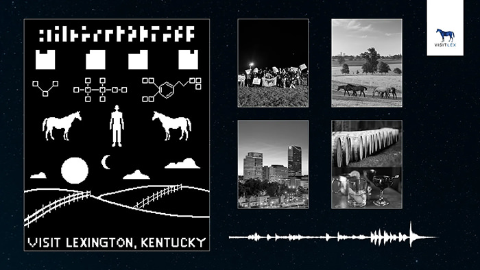 Photographs, music, and bitmap images as part of the message for aliens in interstellar tourism marketing campaign for Lexington, Kentucky, created by VisitLEX.