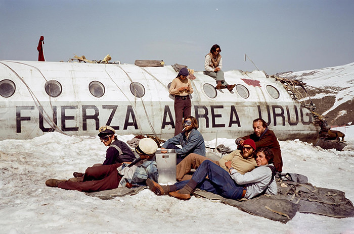 "Society of the Snow", Netflix reconstruction of an actual photo survivors of the Andes plane crash in 1972 took at the plane wreckage.