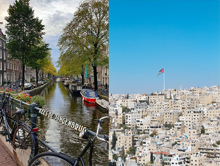 A view of a canal in Amsterdam (left, photo by Jonne Makikyro), and cityscape of Amman (right, photo by Who's Denilo); the similarity between the two cities' airport codes led Veronica Hanson to purchase a layover in Jordan instead of the Netherlands, an example of destination mix-up.