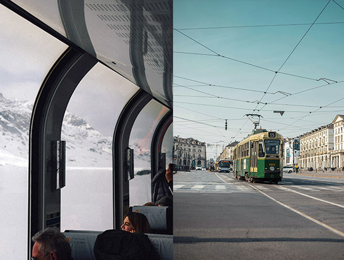 Bernina Express train from Tirano to Chur (left, photo by Damiano Baschiera), and Torino tram (right, photo by Davide Aracri); similar-sounding names led Meeka Fayetima to destination mix-up.
