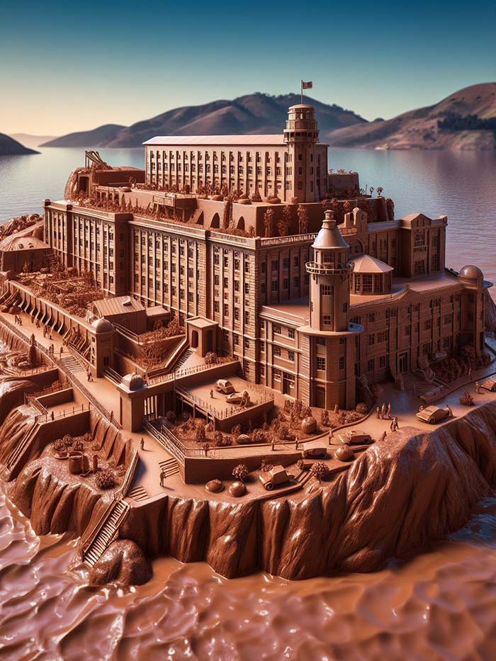 Famous Alcatraz prison if it would be made of chocolate; AI image by Ivan Kralj / Dall-e.