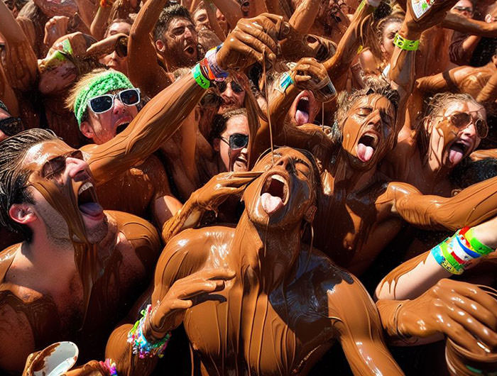 Festival crowd going nuts for Nutella, smearing the chocolate spread on each other in the alternate version of Coachella Festival; AI image by Ivan Kralj / Dall-e.