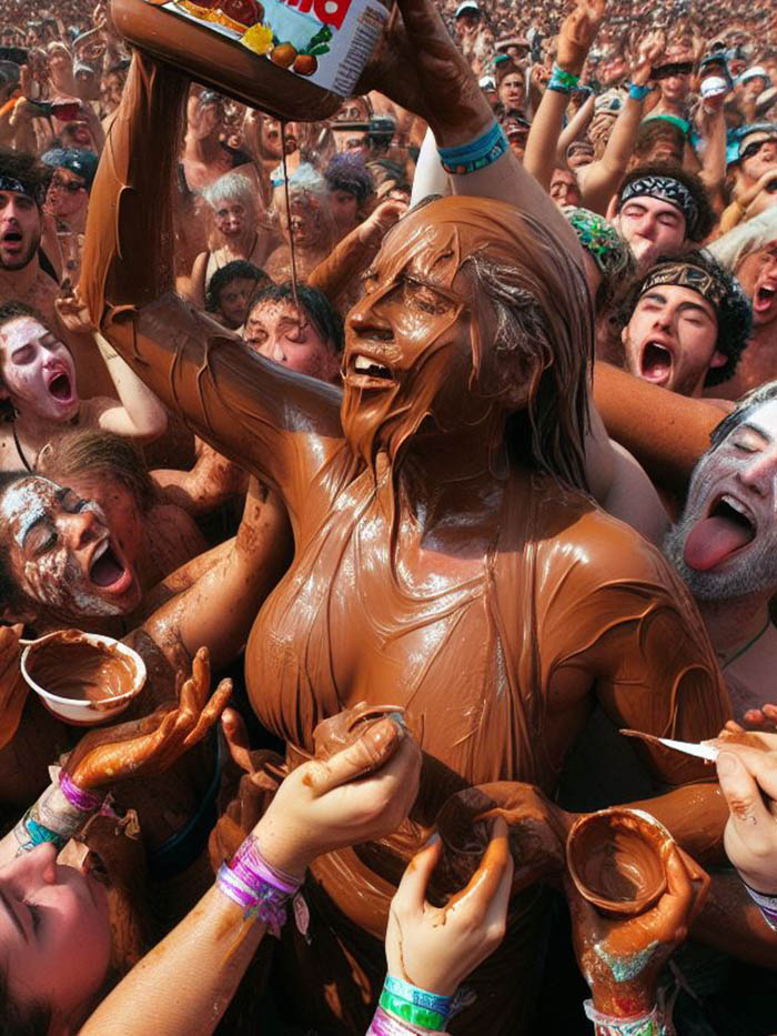 Nutella-covered girl surrounded by chocolate-crazy festivalgoers attending the alternate version of Coachella Festival; AI image by Ivan Kralj / Dall-e.